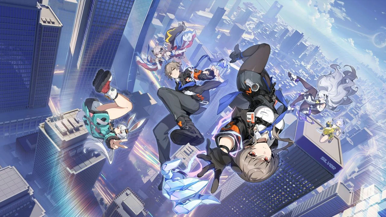 Ananta characters falling through a bright city skyline