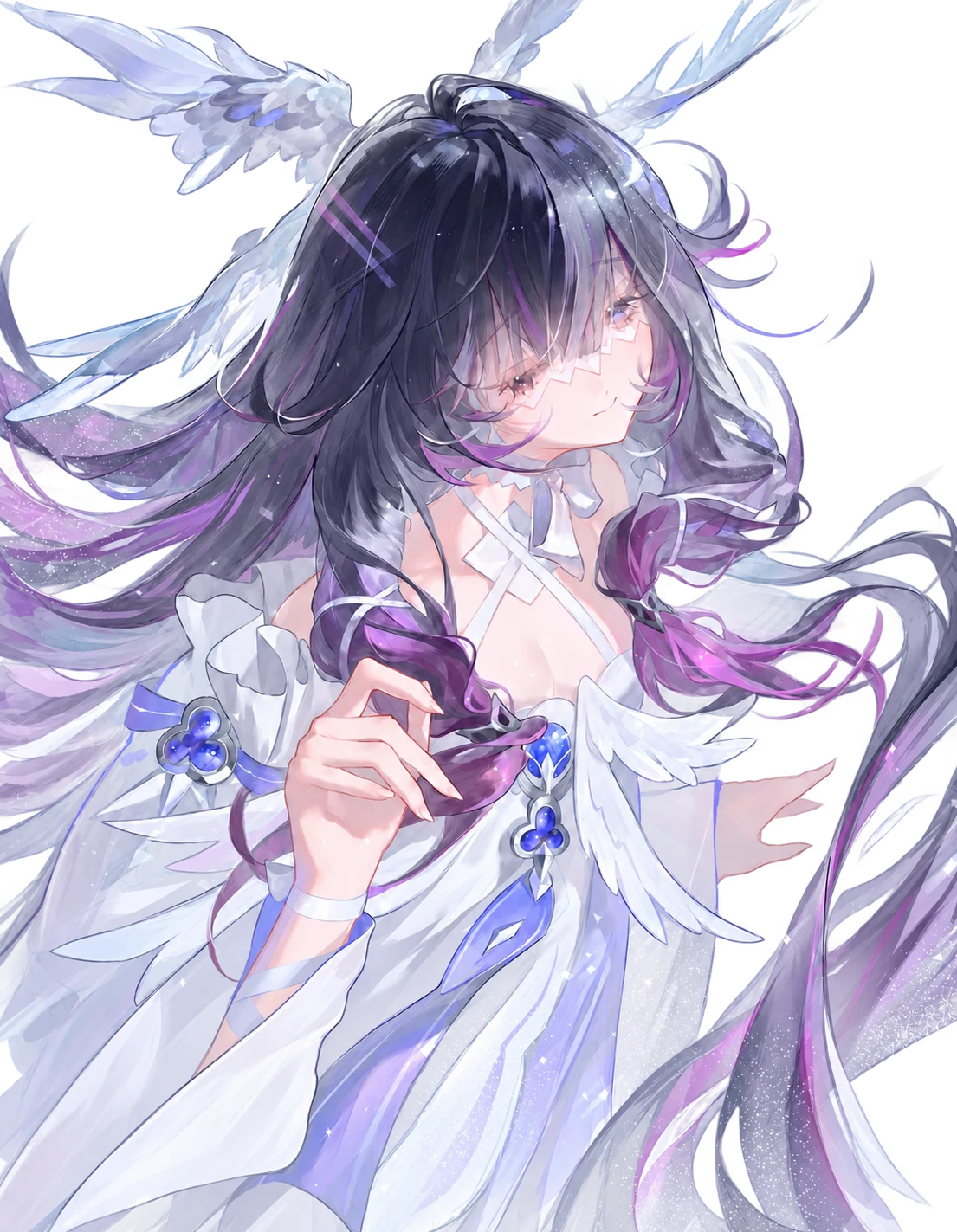 Lavender-haired illustrated girl with glasses, a white dress, and delicate feather details