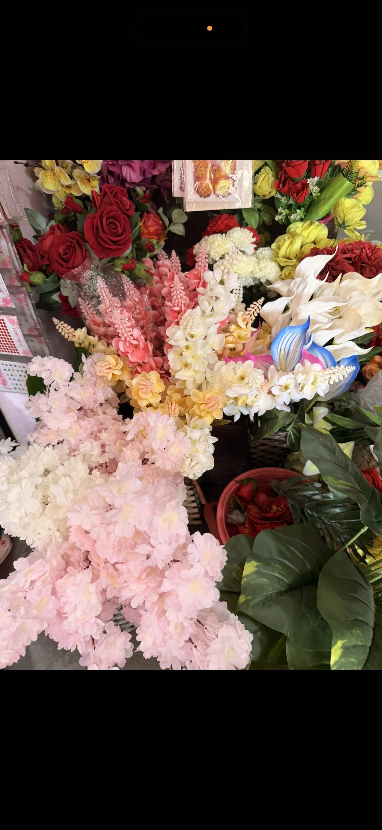 Pink, cream, red, yellow, and blue flowers in a shop display, photographed on a phone
