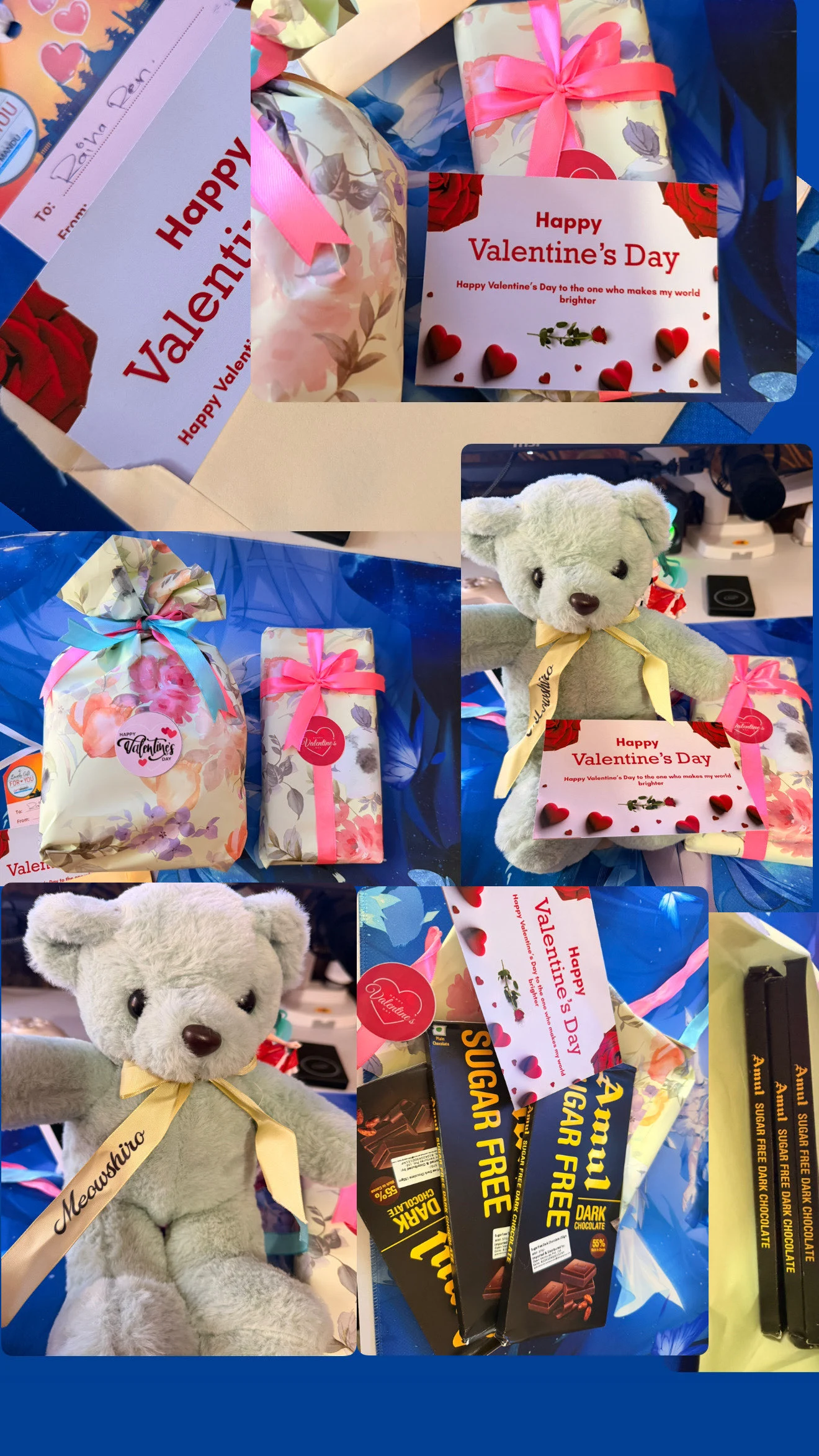 A supplied photo collage of wrapped gifts, a Valentine card, a teddy bear, and chocolate
