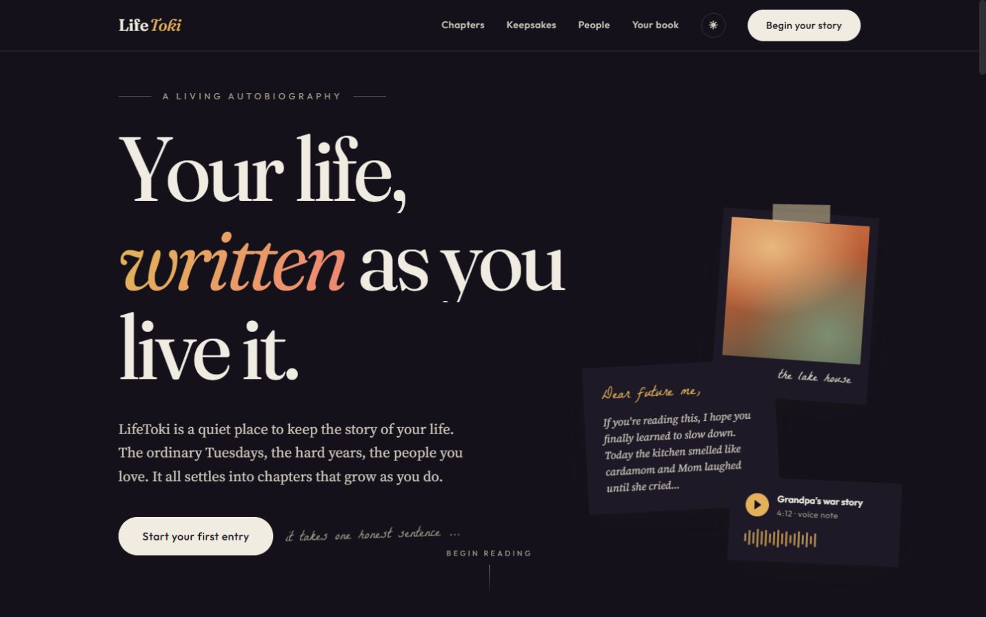 Lifetoki’s live homepage with the Your life, written as you live it. headline and personal keepsake collage