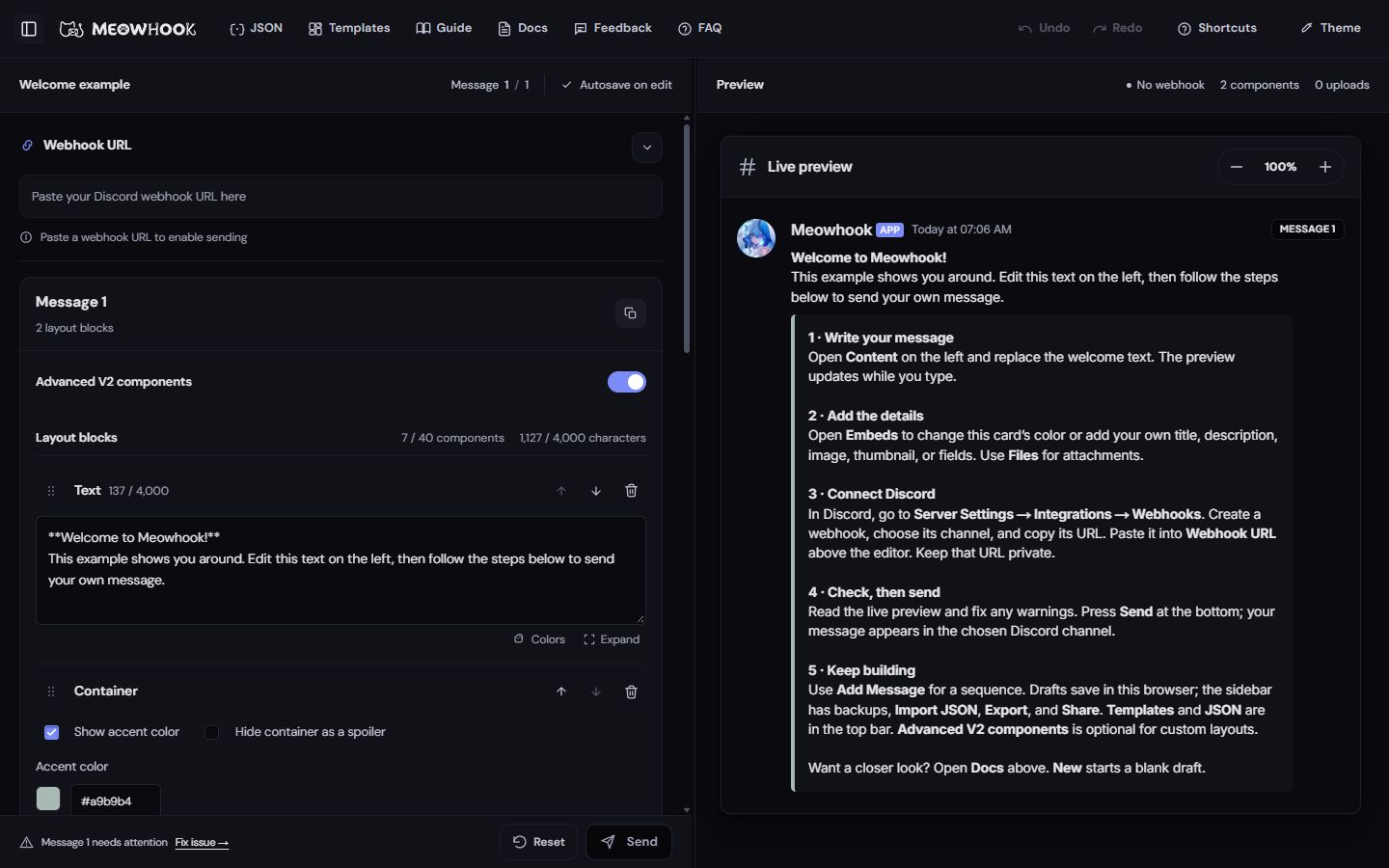 Meowhook’s real Discord webhook editor beside its live message preview, displaying the welcome example