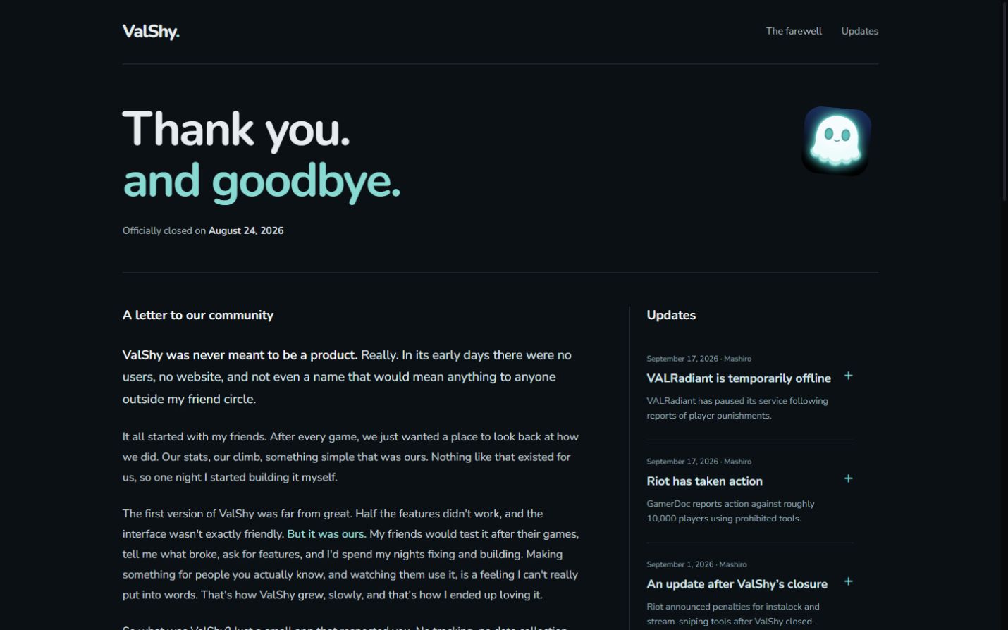 ValShy’s current farewell page with the Thank you. and goodbye. heading and waving mascot