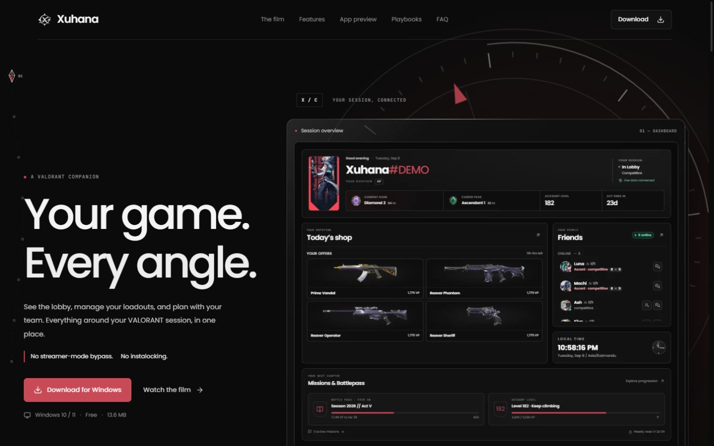 Xuhana’s live homepage showing the Your game. Every angle. headline and companion dashboard
